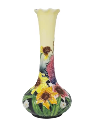small bud style vase sunflowers red and yellow tube lined and hand painted long slim neck