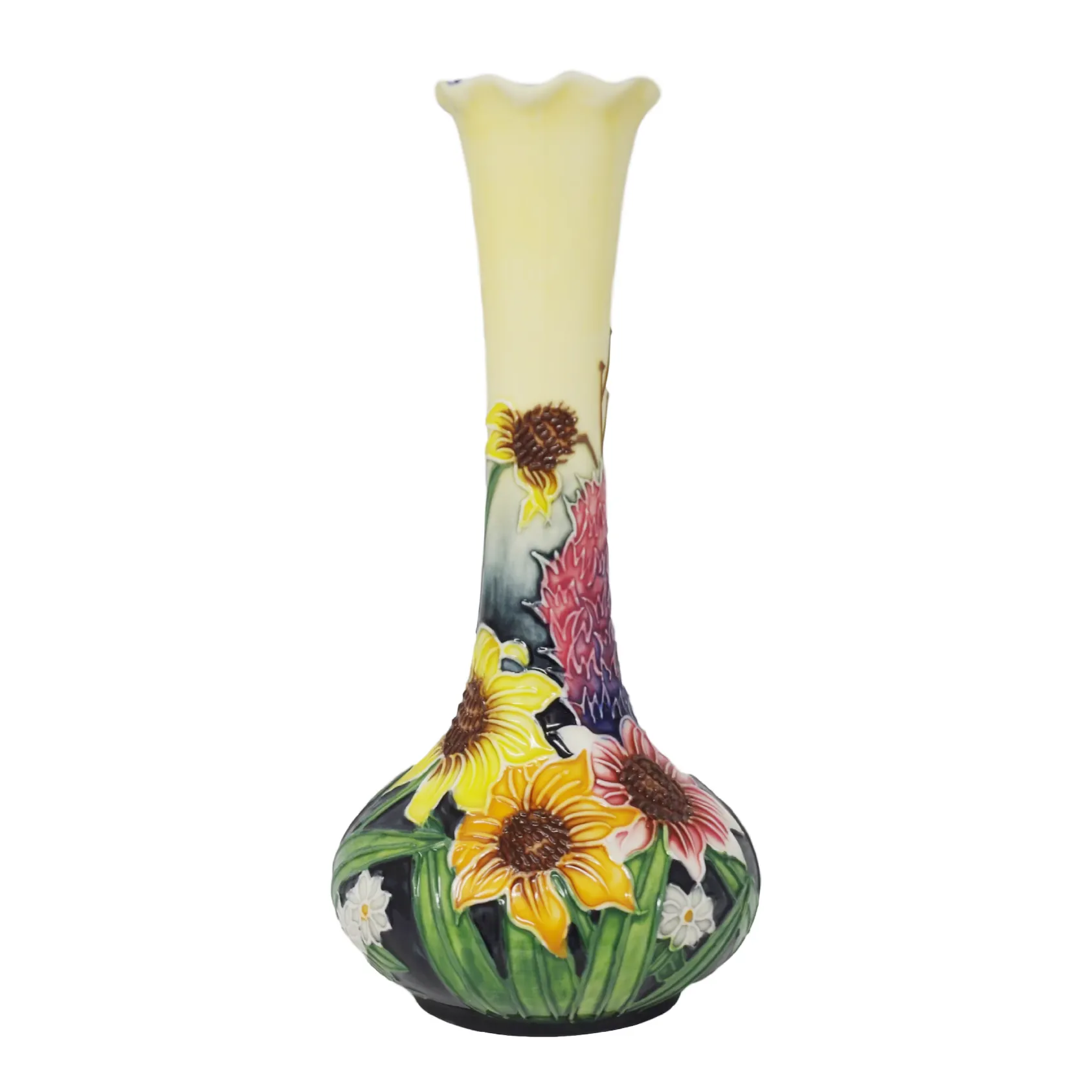 small bud style vase sunflowers red and yellow tube lined and hand painted long slim neck