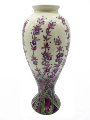 Stunning cream vase with lavender flowers rising hand painted pottery