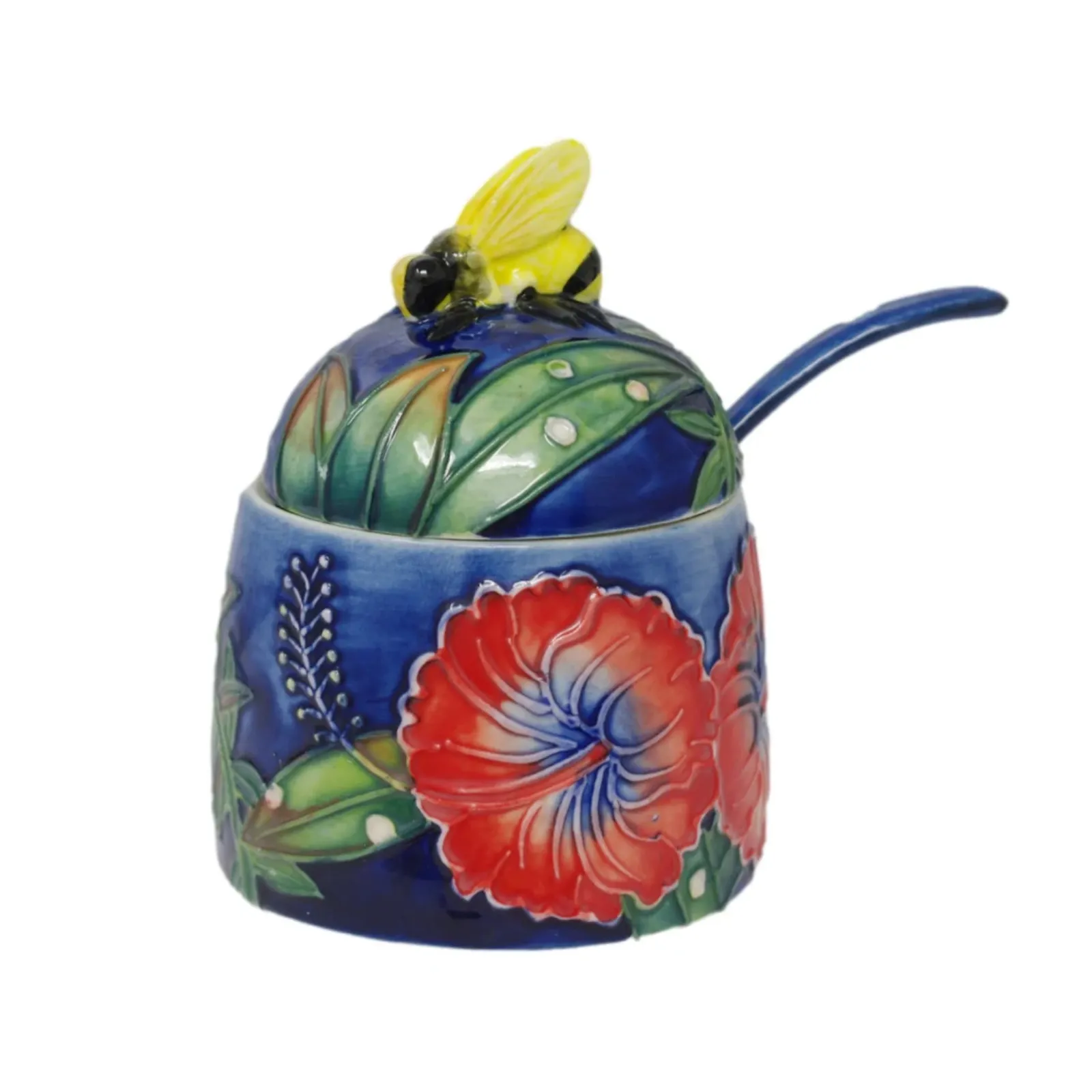 cute HoneyJar navy blue pottery with bright red hibiscus flower