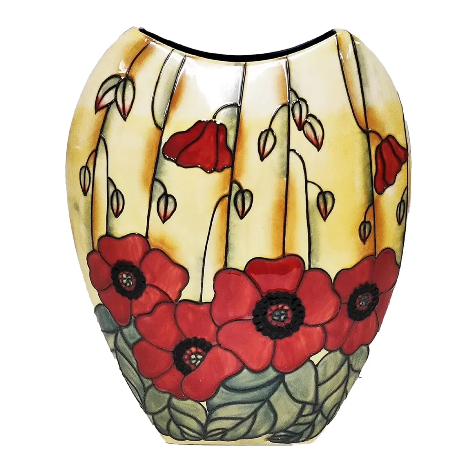Red poppy flowers surround the Vase on Faint yellow backdrop stylish hand painted vase flat round shape