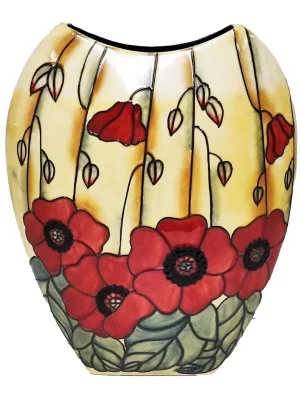 Red poppy flowers surround the Vase on Faint yellow backdrop stylish hand painted vase flat round shape