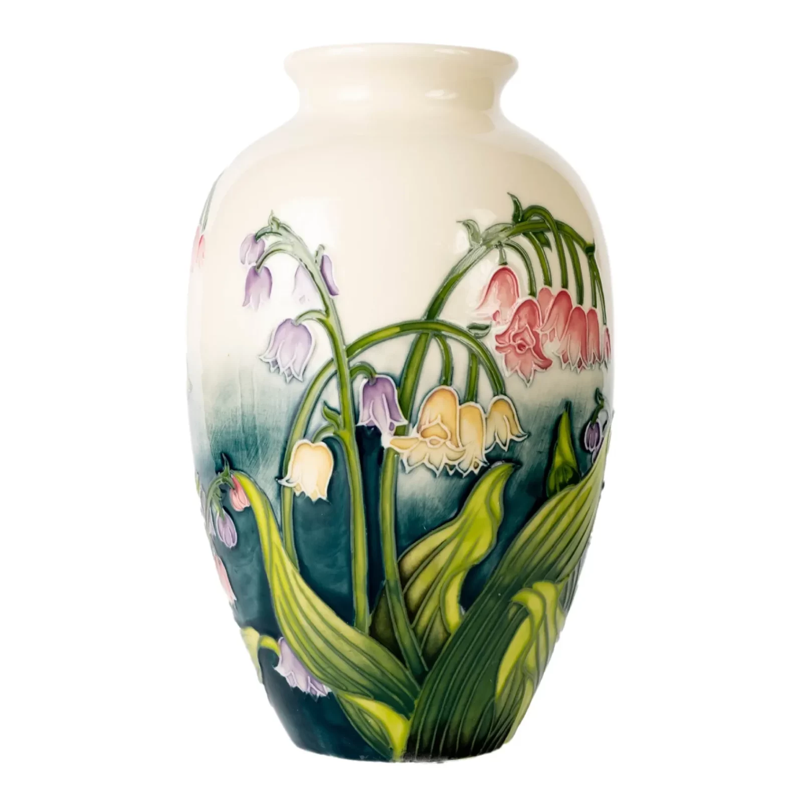 base green and top cream with tube lined lily flowers rising on all sides, an elegant vase