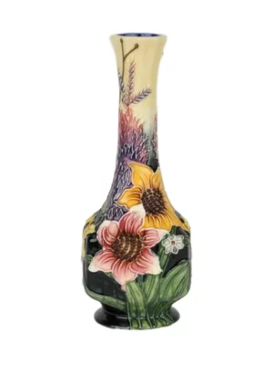 small bud shaped vase with tall neck sunflowers on each side yellow and reds green leaves hand painted lovely vase