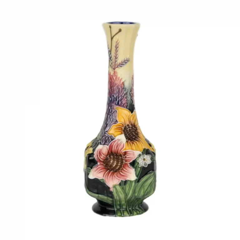 small bud shaped vase with tall neck sunflowers on each side yellow and reds green leaves hand painted lovely vase