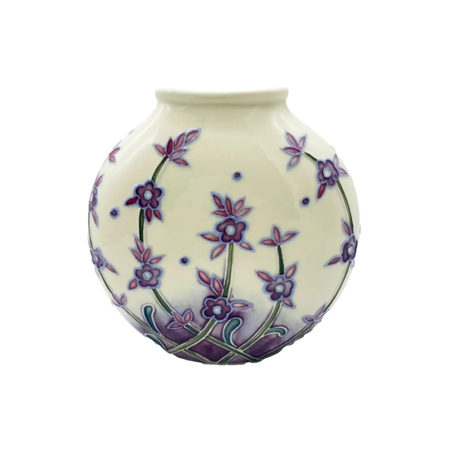 small round and flat white vase with lavender flower around, delicate presentation