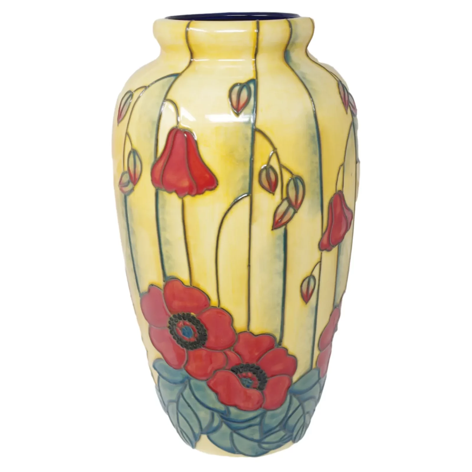 large yellow and red vase poppy pattern tube lined and hand painted pottery