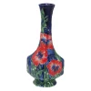 red hibiscus flowers on blue background hand painted clay vase