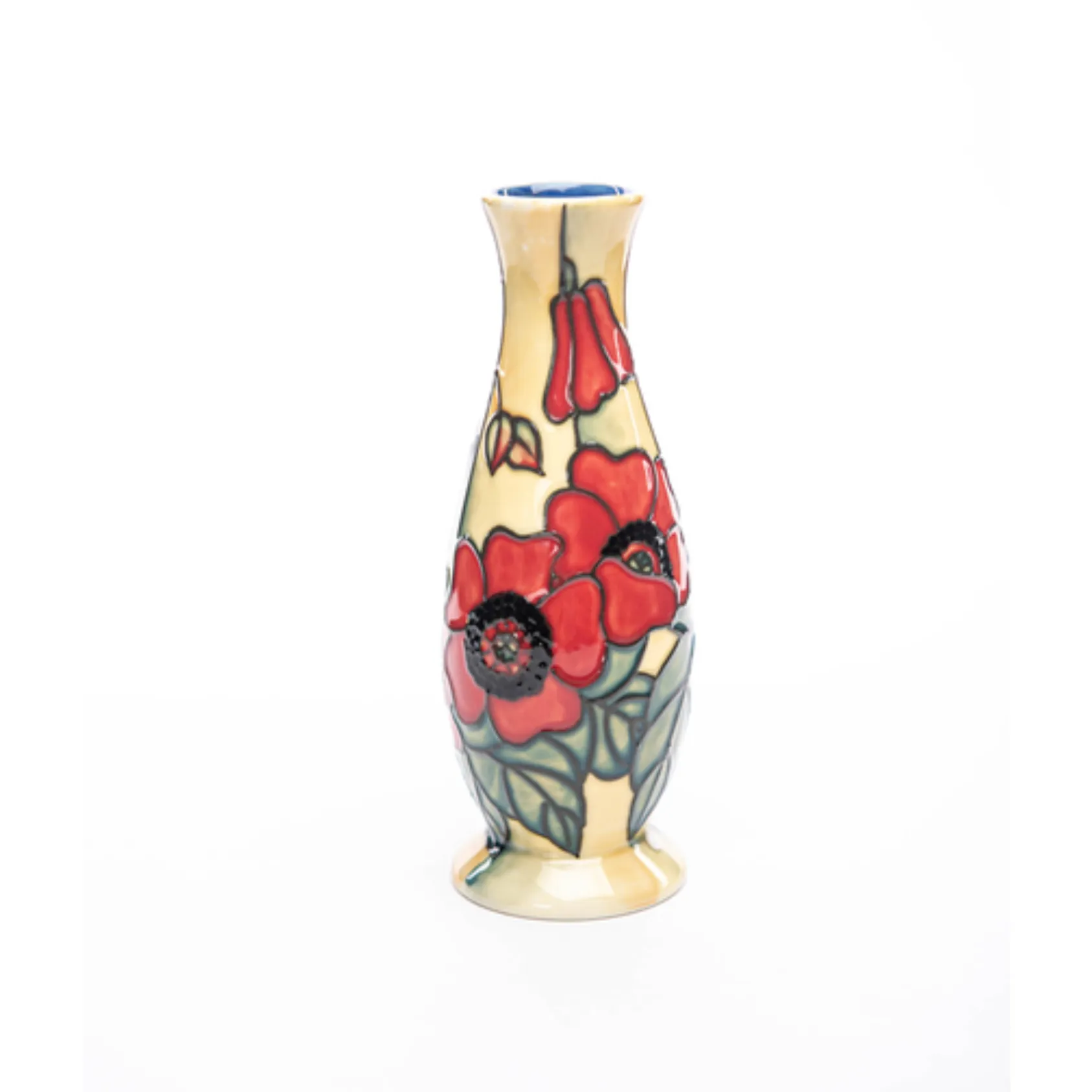 yellow cream background and bold red poppy on this small flower vase