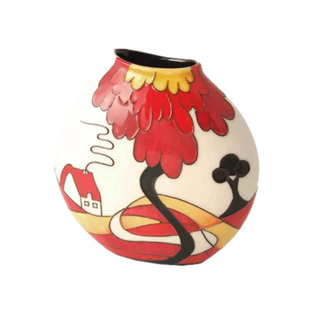 Flat round shape vase with art deco design of red tree and home hills unique style vase