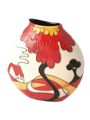 Flat round shape vase with art deco design of red tree and home hills unique style vase