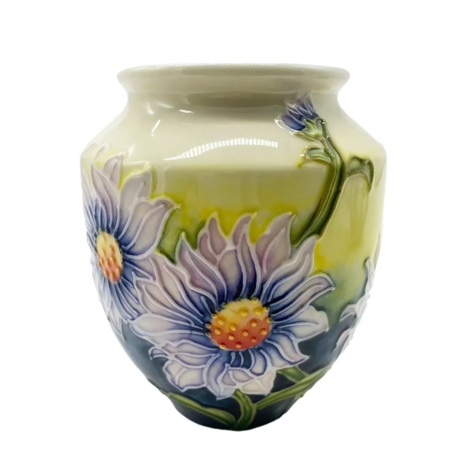 large lilac coloured daisy flowers surround this small vase background green plant bottom and cream top tube lined and hand painted eye catching