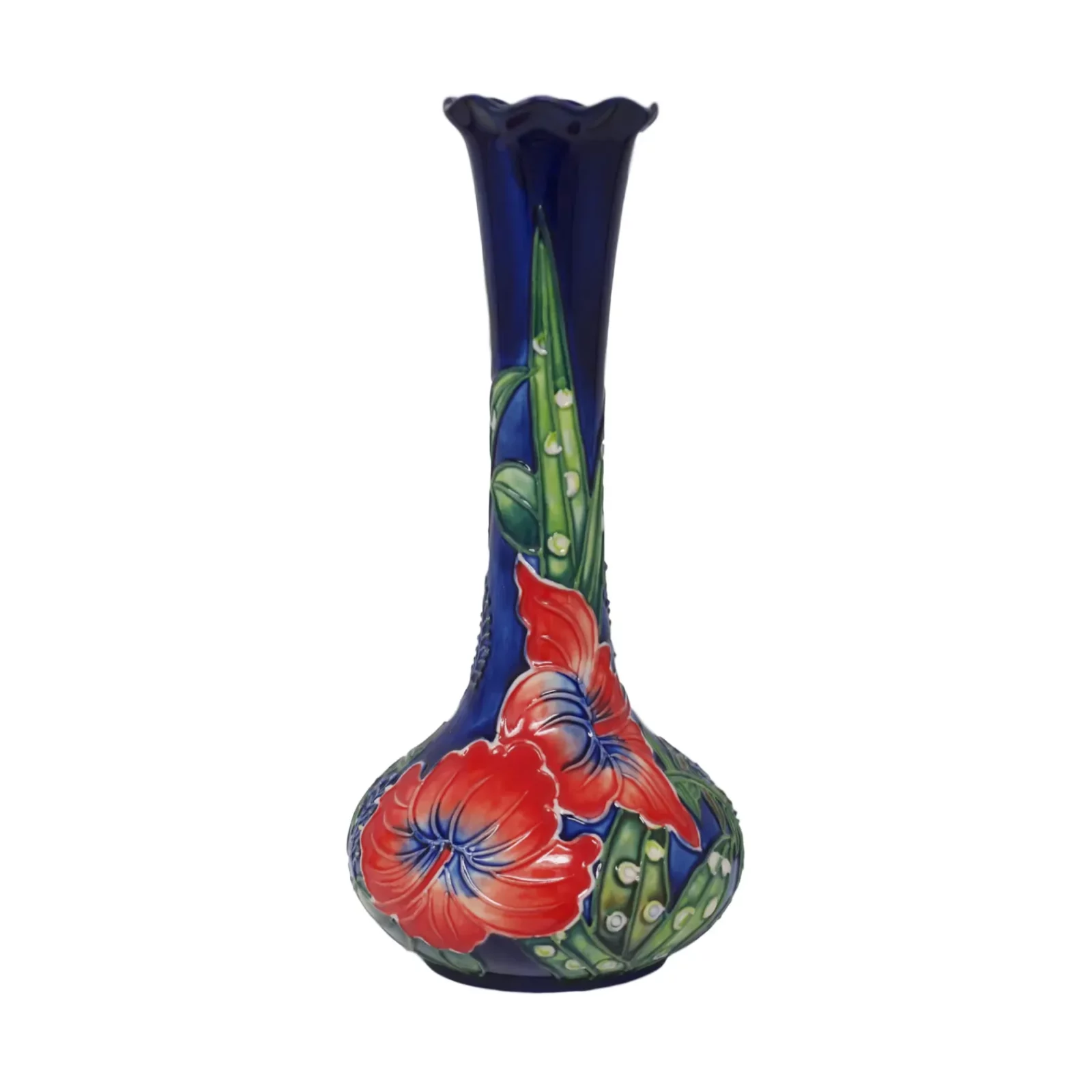 stem vase red flowers and navy blue background all hand painted
