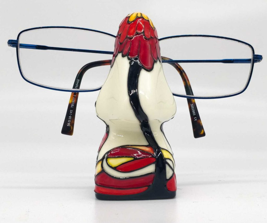 Eyeglass stand made in the shape of a nose holds your glasses securely modern hand painted design 4 inches tall red and white colours