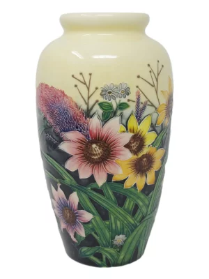 floor standing vase sunflowers design red and yellow colours tube lined and hand painted a centre piece of any living room