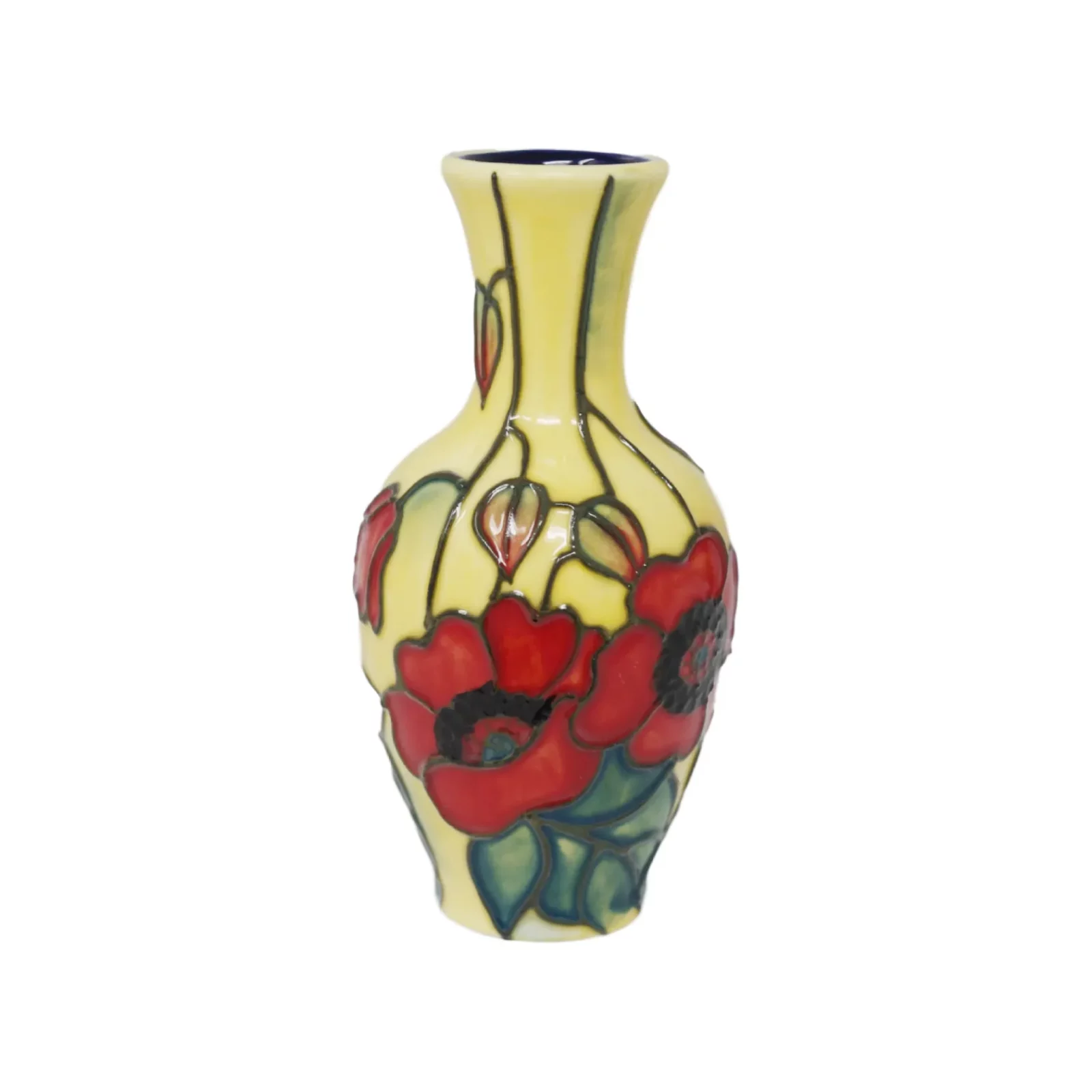 Cute vase with red poppy flowers on all sides hand painted and tube lined pottery