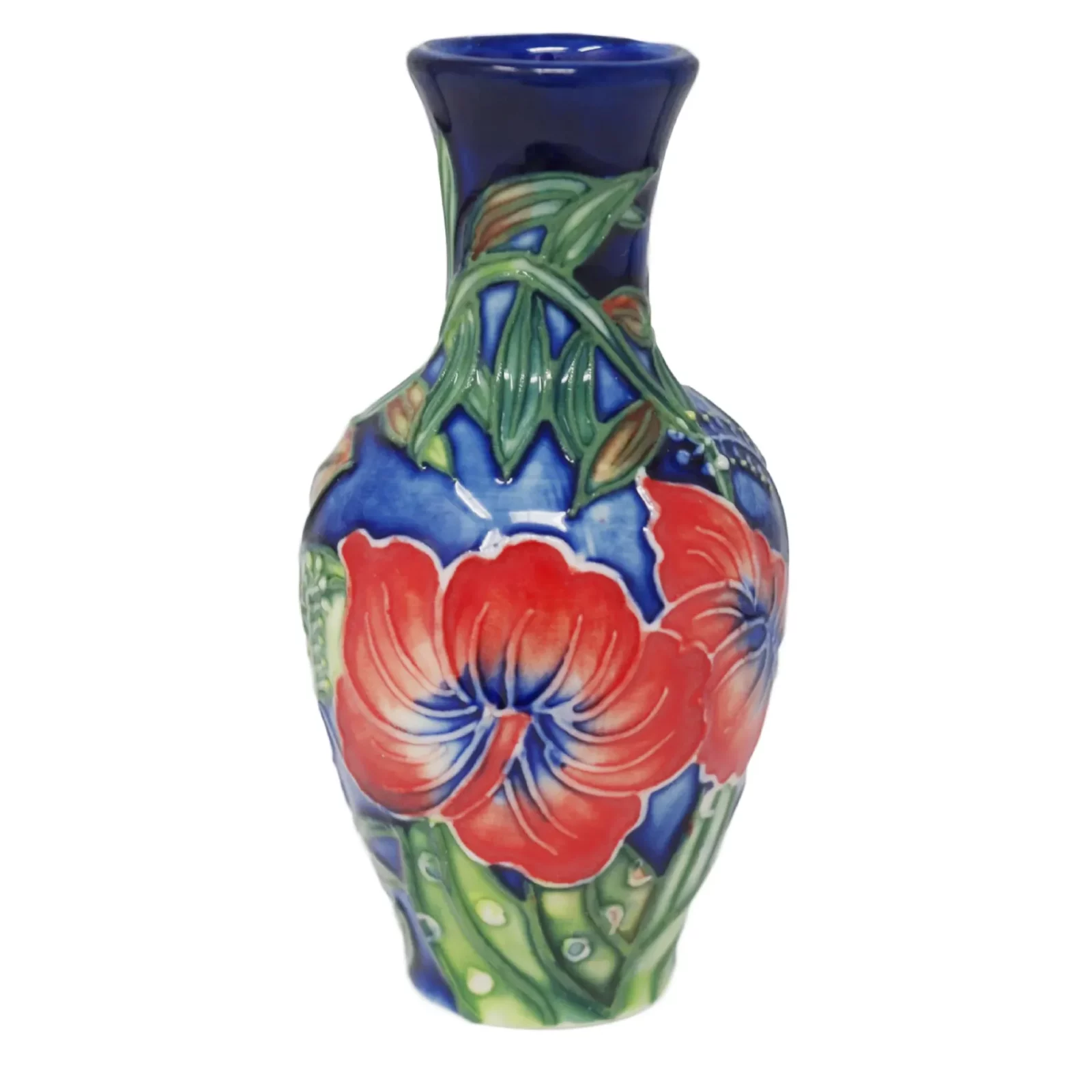 Stunning red hibiscus flower decoration and bold shades of blue contrast on this small vase