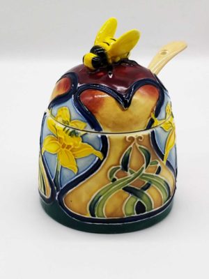 pretty yellow honey pot with floral pattern style of victorian pottery hand painted bee on lid spoon included