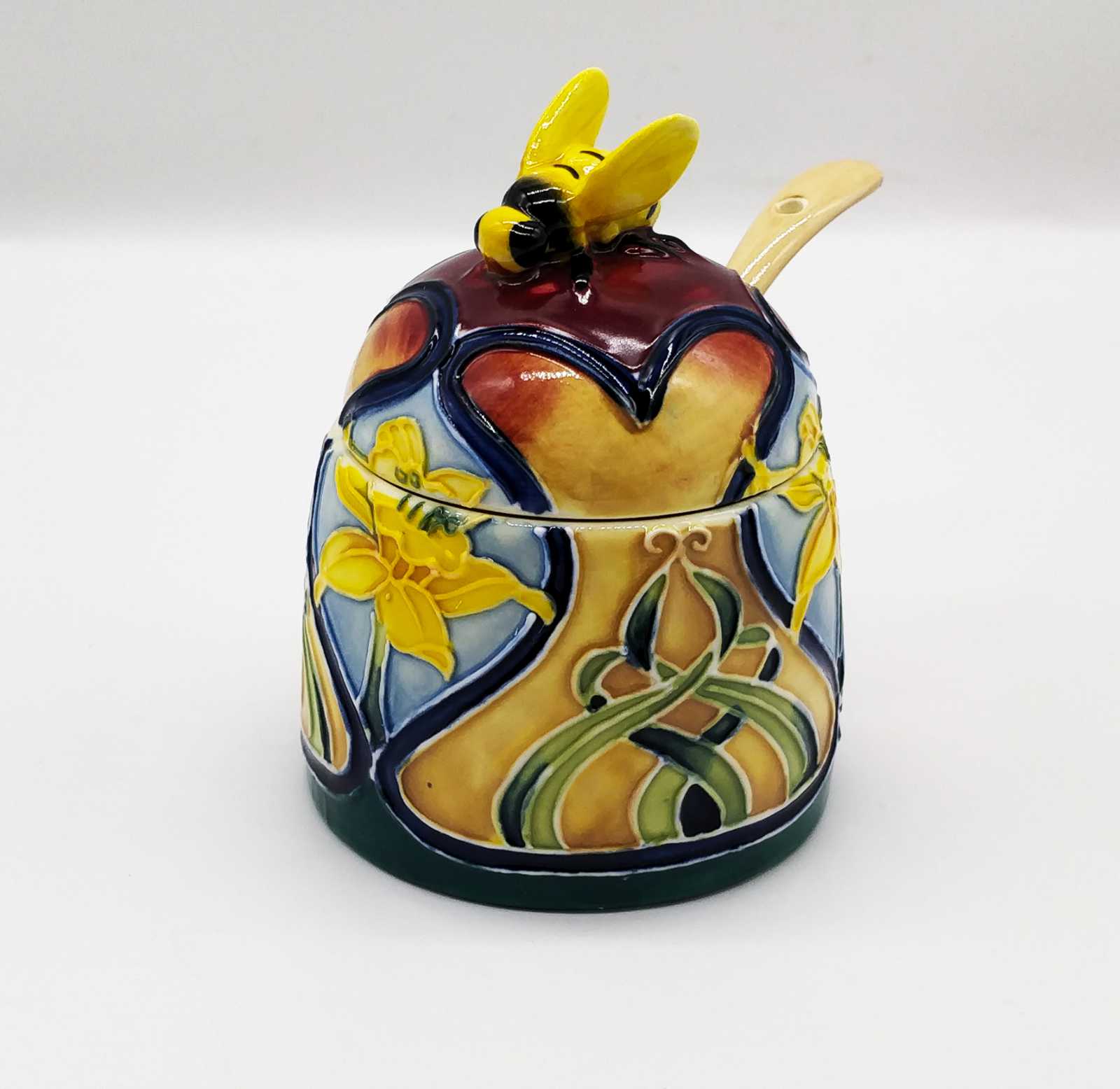 pretty yellow honey pot with floral pattern style of victorian pottery hand painted bee on lid spoon included