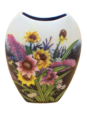 flat and round large yellow vase with sunflowers garden design and pearl white 3 inch at top, stunning vase