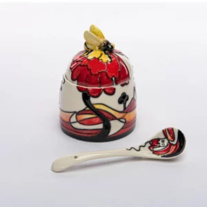 little honey pot with hand painted art decoration spoon included bee on lid