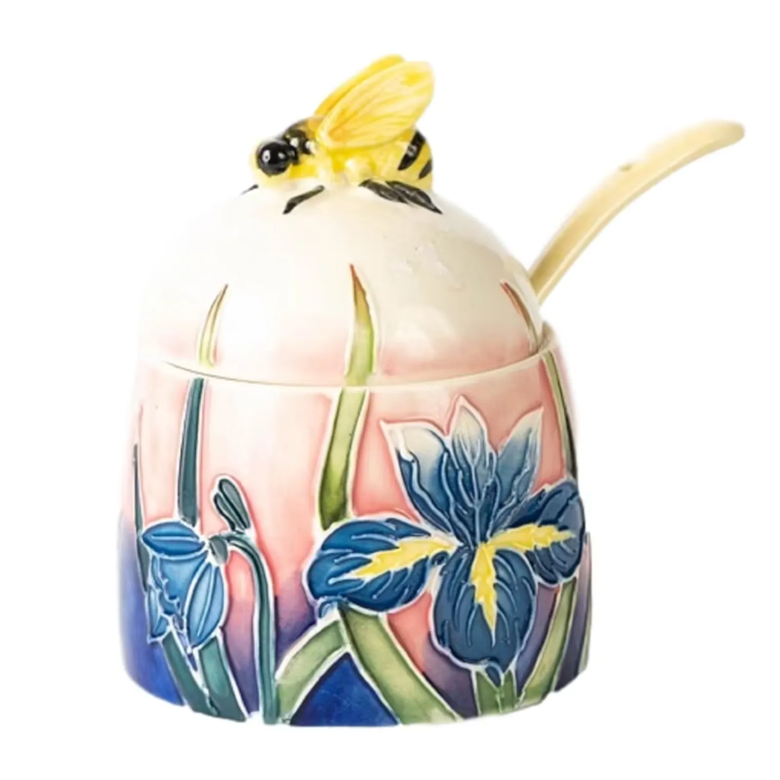 Small honey jar with bold blue iris flower, bee on lid and spoon included