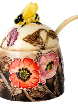small 1lb honey jar with spoon ceramic and hand painted flowers red and pink and bee on lid