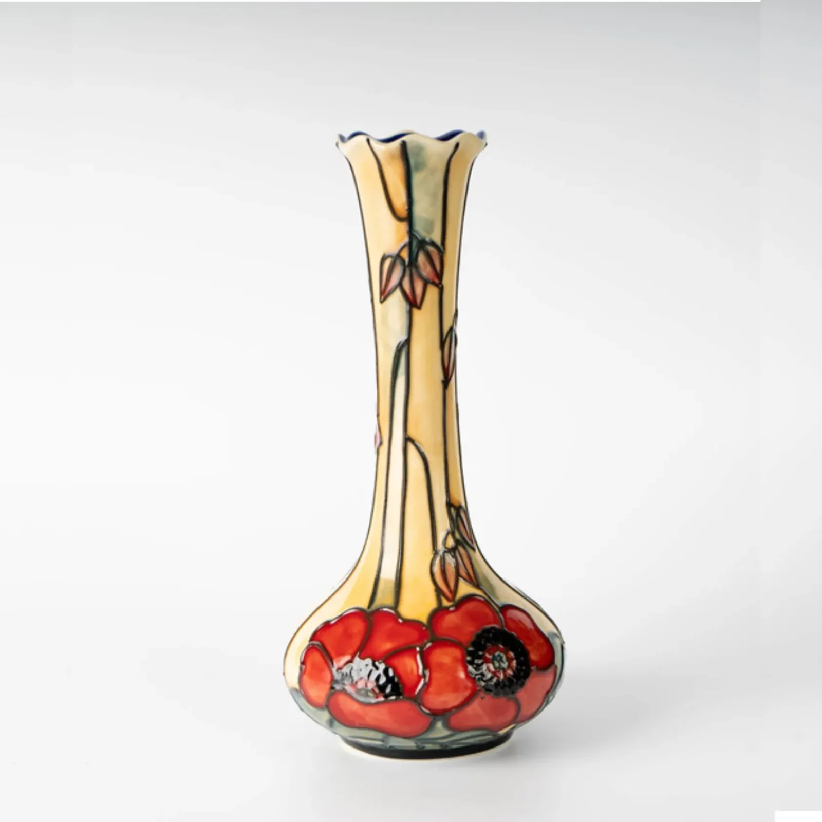 small single bud vase with yellow background and red poppies