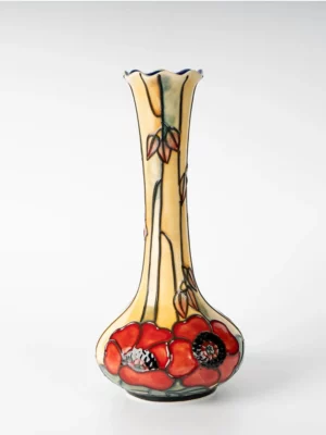 small single bud vase with yellow background and red poppies