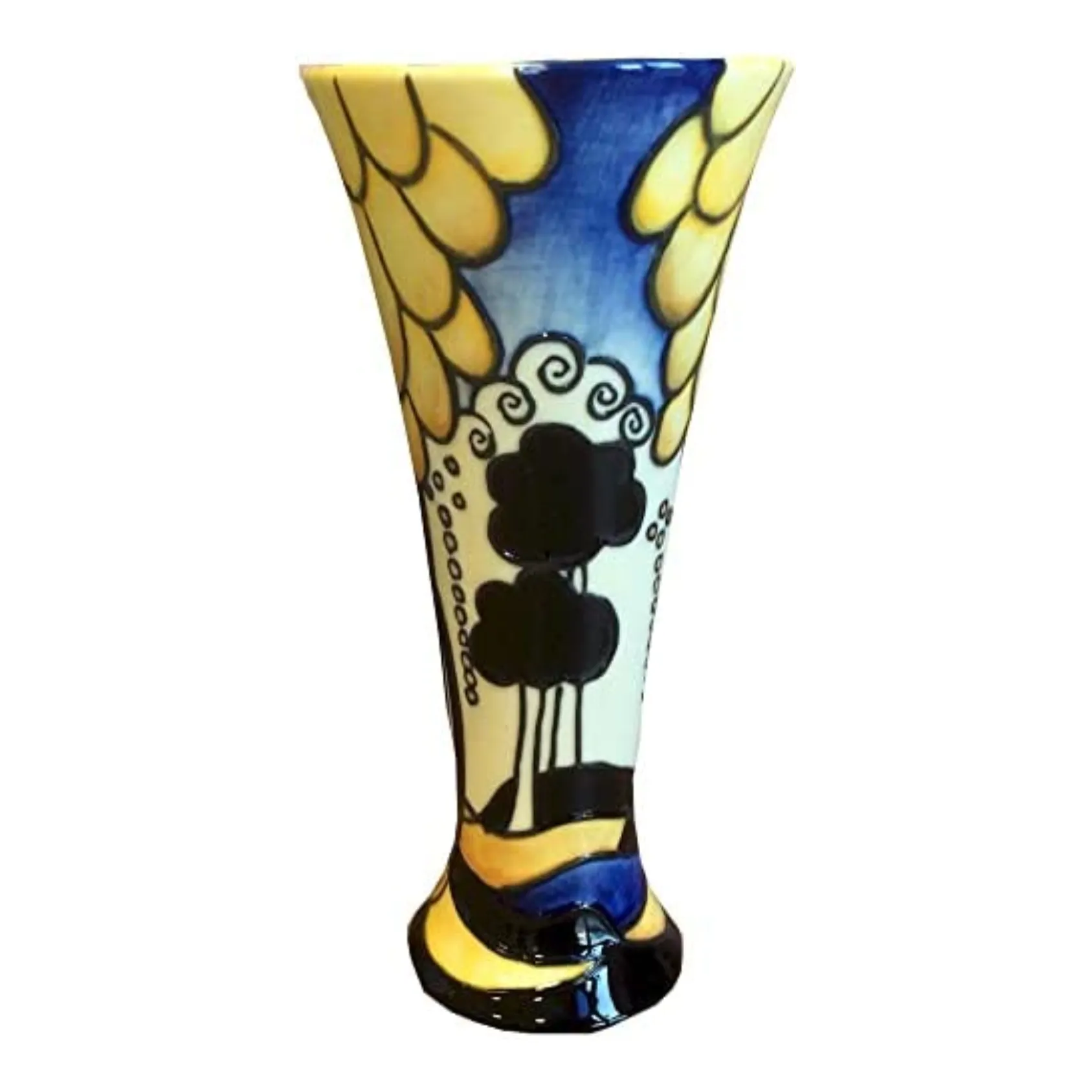 slim tall vase with yellow black trees on white background blue sky art deco style