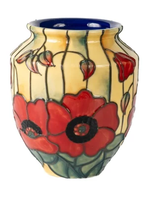 small and round shaped vase with cream yellow background and big red poppies tube lined and hand painted