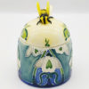 old tupton ware honey pot front view, cute bee on lid showcased - colours blues and greens on pot hand painted and tube lined, very pretty