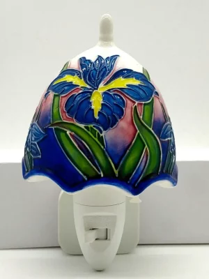 pottery lamp night light plug in with blue iris floral design pretty pottery with led light