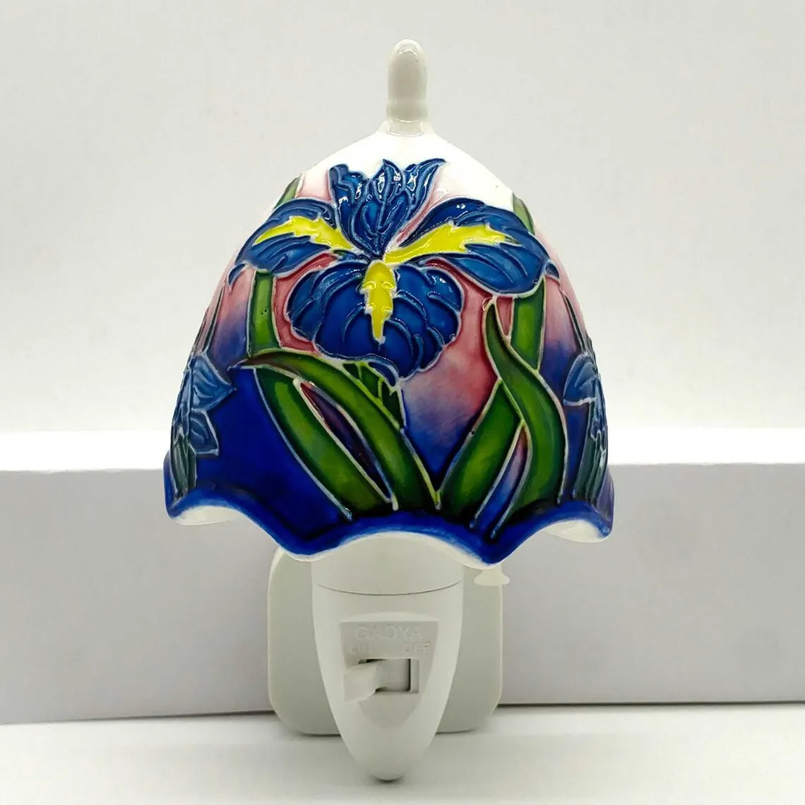 pottery lamp night light plug in with blue iris floral design pretty pottery with led light