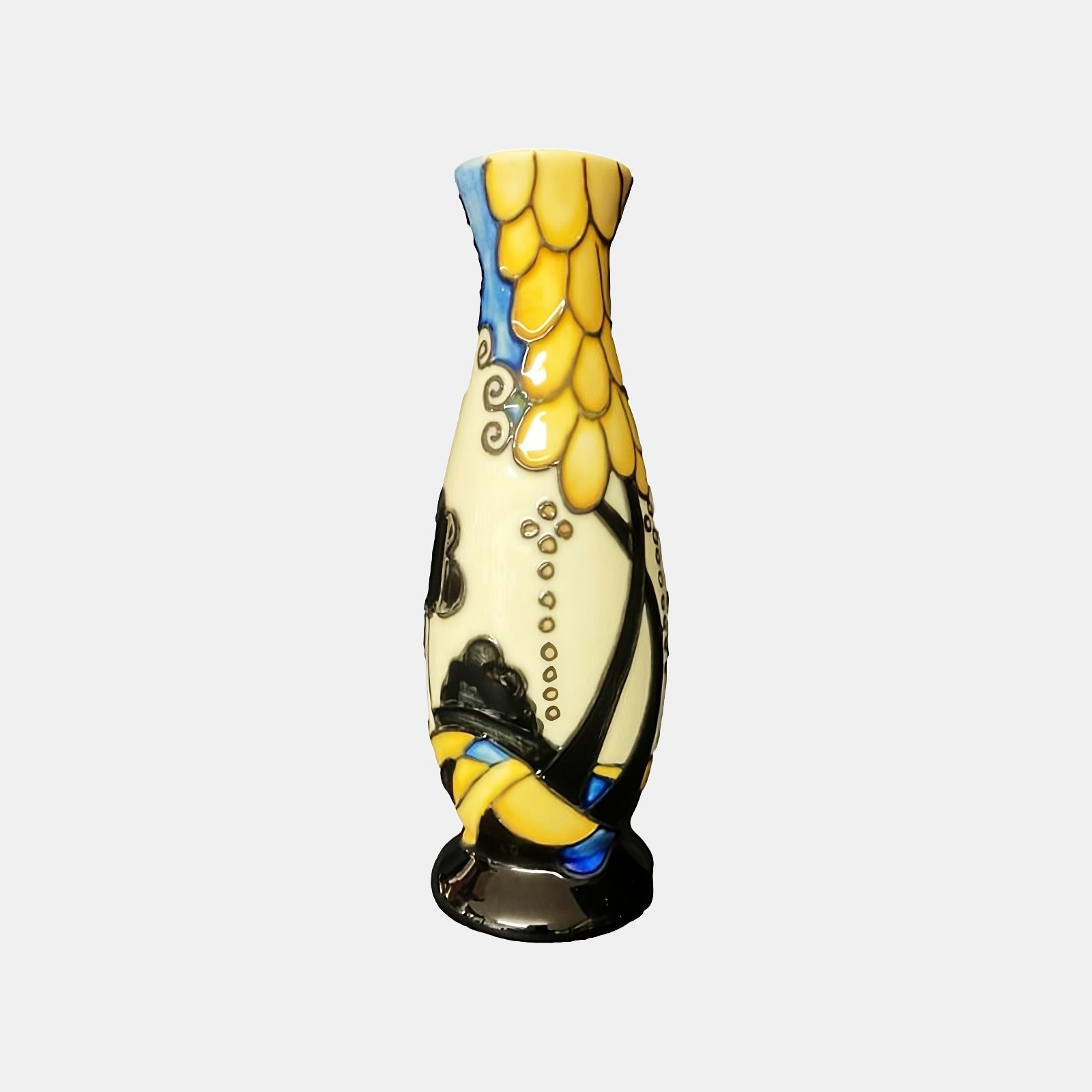 small vase flower design tube lined and hand painted decoration yellow and black artistic
