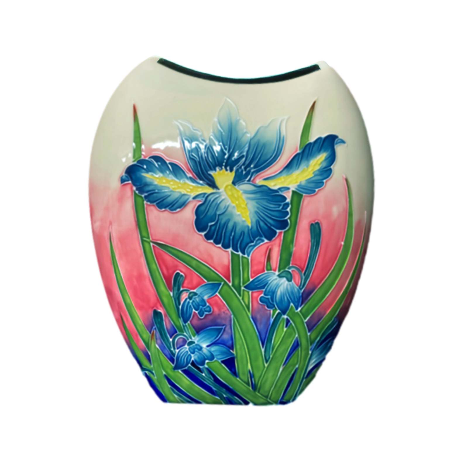 flat large vase made from ceramics by artisans, hand painted iris flower on both sides