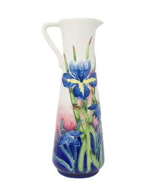 slim pitcher vase tube lining and hand painted blue iris flower on sides
