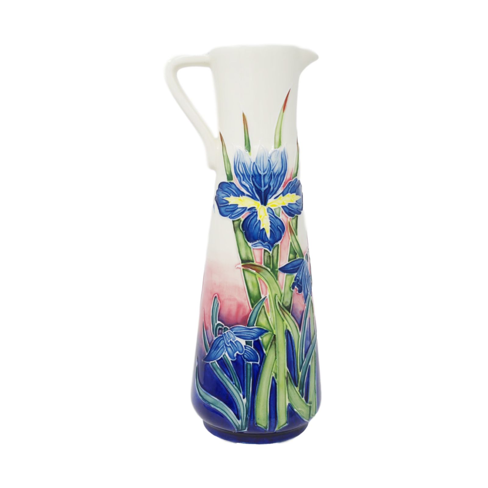 slim pitcher vase tube lining and hand painted blue iris flower on sides