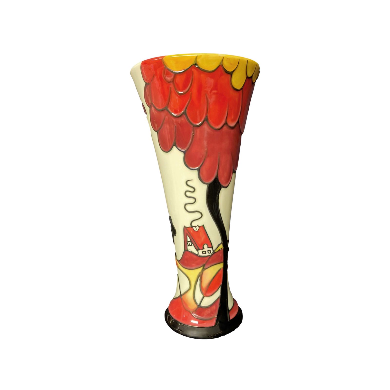 Red and yellow hues showing home and large tree style on this ceramic painted vase